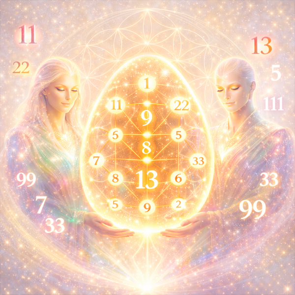 Ilustración espiritual de dos figuras sosteniendo una matriz numerológica dorada para cursos de formación del ser y numerología evolutiva.