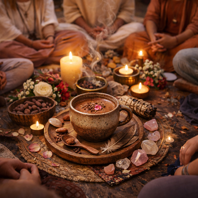 grupo de mujeres alrededor de una taza de cacao sagrado de la que emana una luz brillante y símbolos mágicos, representando la sanación y conexión del corazón.