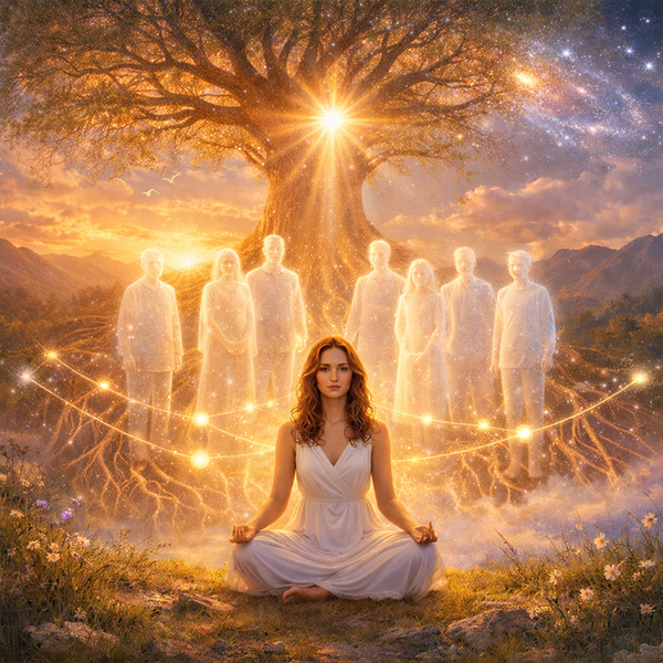 Mujer meditando frente a un árbol de la vida con figuras ancestrales luminosas, representando una sesión de constelaciones familiares y sentido de propósito.