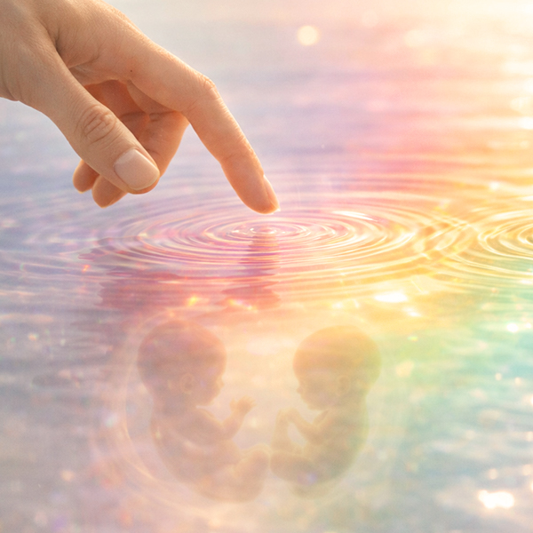 mano tocando el agua con reflejos de bebés gestando, simbolizando la esencia del ser y el origen del crecimiento personal.