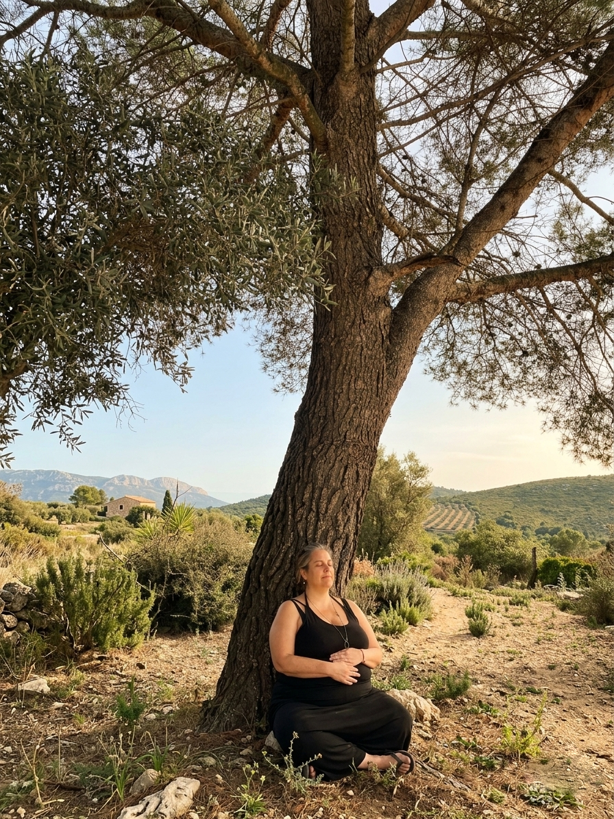Mujer meditando apoyada en un árbol en un entorno natural para una sesión de introspección y claridad mental en la Escuela del Ser.