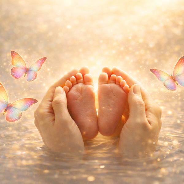 Manos sosteniendo pies de bebé rodeados de mariposas brillantes, representando la transformación y sanación mediante la técnica metamórfica.